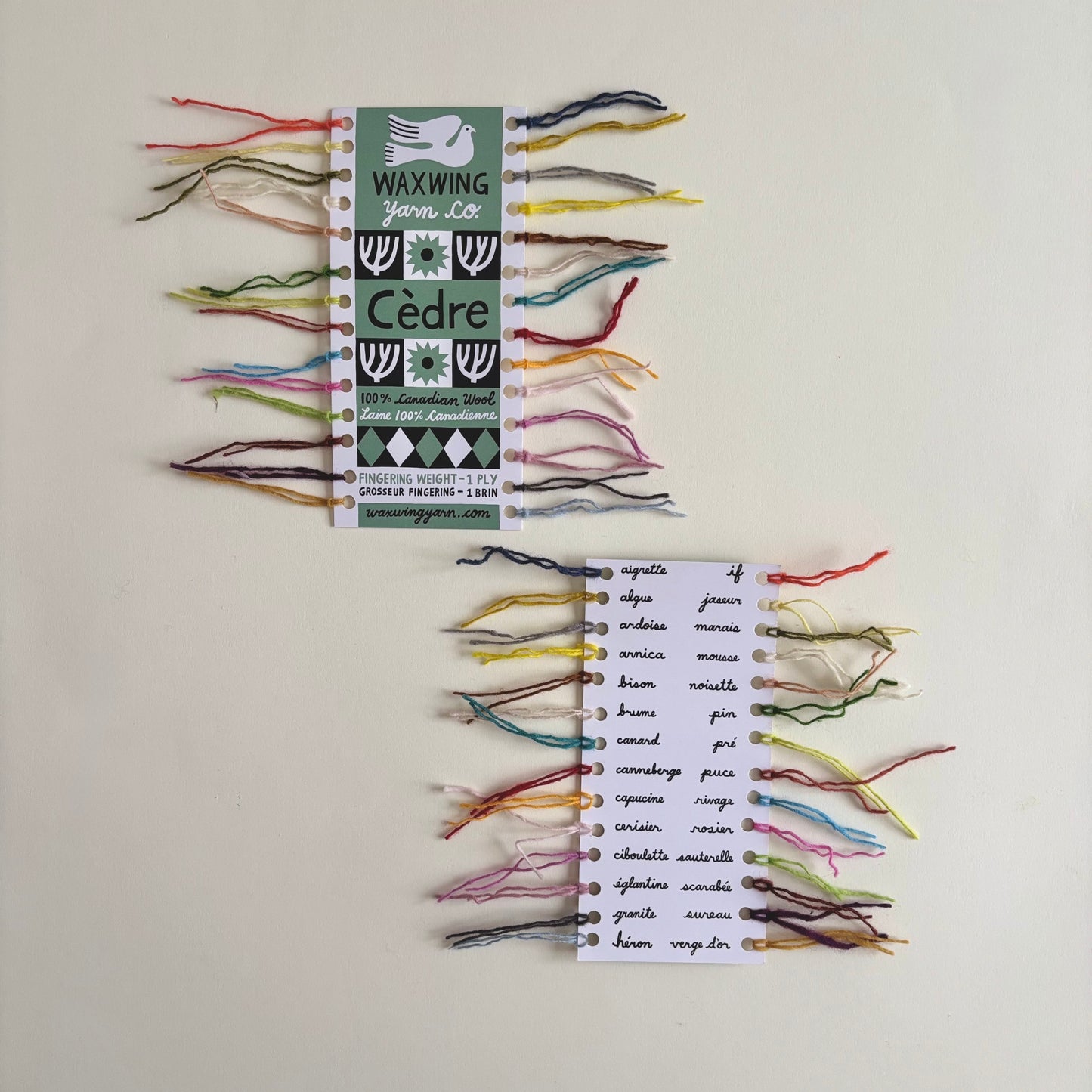 Carte d’échantillons Cèdre | Fil 1 brin, filé cardé, grosseur fingering