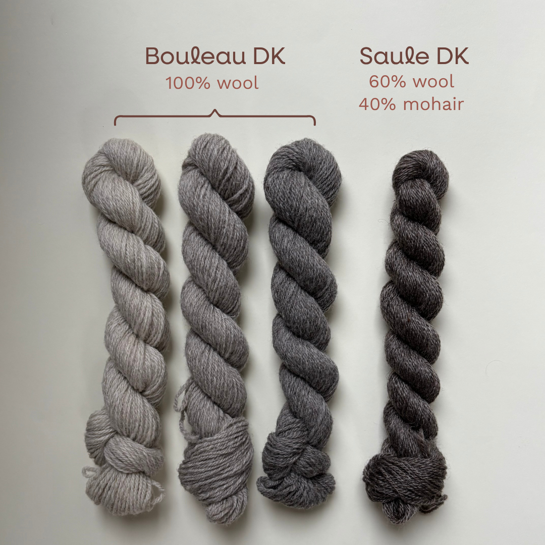 Four skeins of yarn in shades of gray and charcoal are arranged vertically on a light background, with text labels above reading Bouleau DK 100% wool and Saule DK 60% wool 40% mohair.